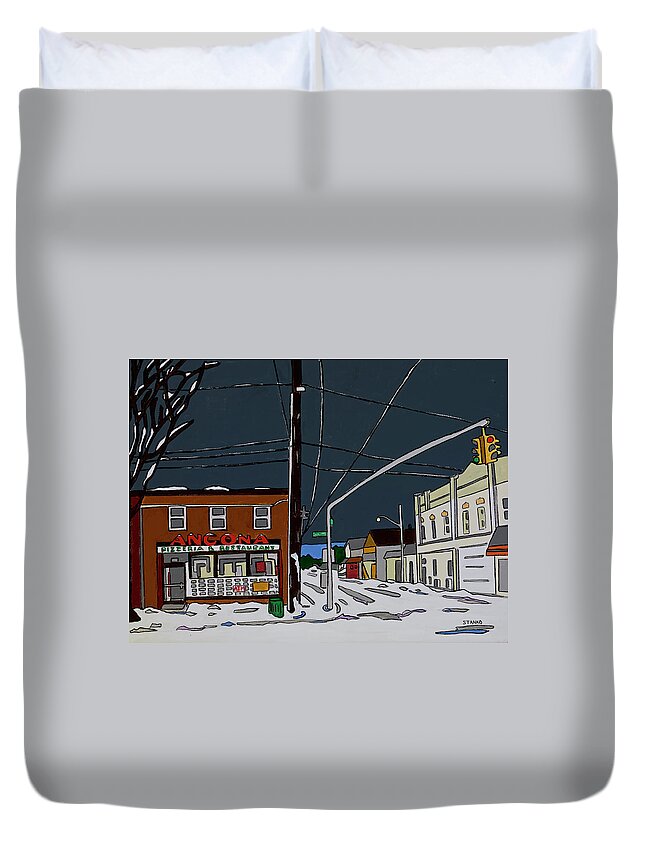 Ancona Pizza Valleystream Newyork Slice Duvet Cover featuring the painting Ancona Pizza by Mike Stanko
