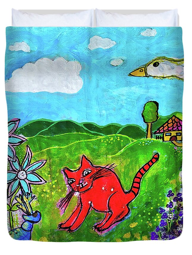 Cat Duvet Cover featuring the mixed media And Who Are You - Und Wer Bist Du by Mimulux Patricia No
