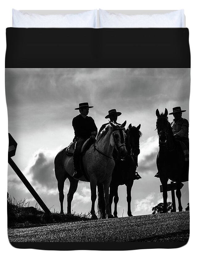Spain Duvet Cover featuring the photograph Andalusian horsemen by Gary Browne