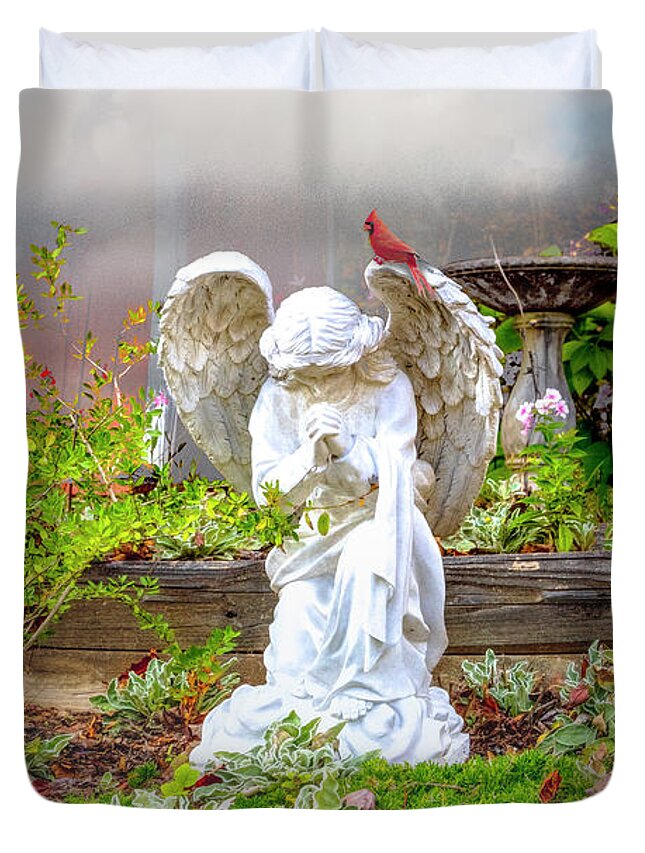 Barns Duvet Cover featuring the photograph Angel in the Garden in the Clouds by Debra and Dave Vanderlaan