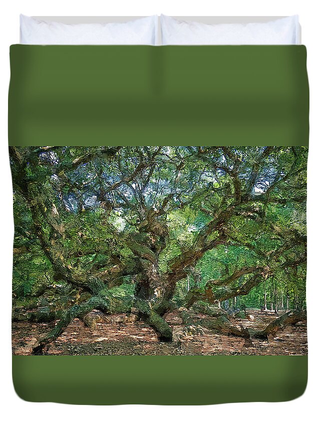 Angel Oak Wide Angle Duvet Cover featuring the painting Angel Oak Panorama Painting by Dan Sproul