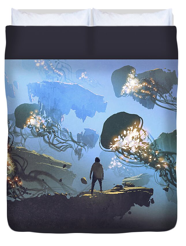 Illustration Duvet Cover featuring the painting Another surreal world by Tithi Luadthong