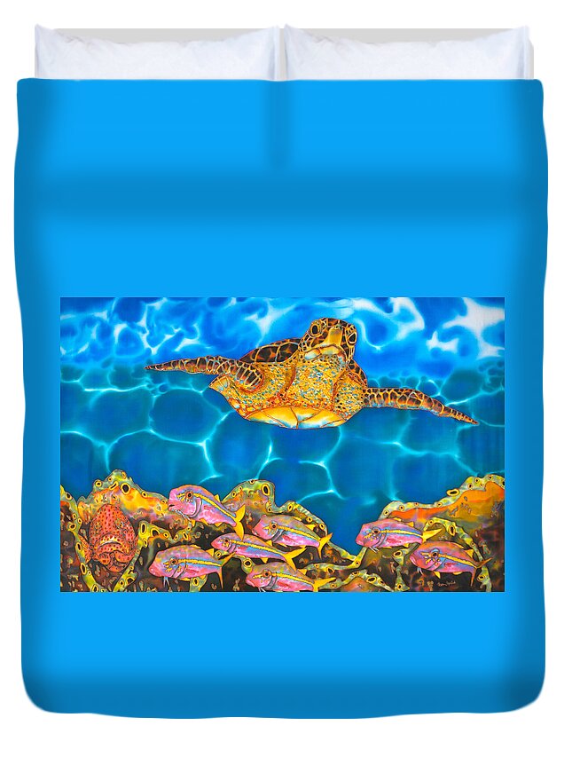  Duvet Cover featuring the painting Anse De La Riviere Doree Sea Turtle by Daniel Jean-Baptiste