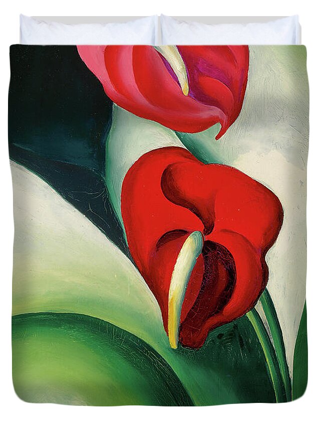 Georgia O'keeffe Duvet Cover featuring the painting Anthurium, flamingo flower - modernist plant painting by Georgia O'Keeffe