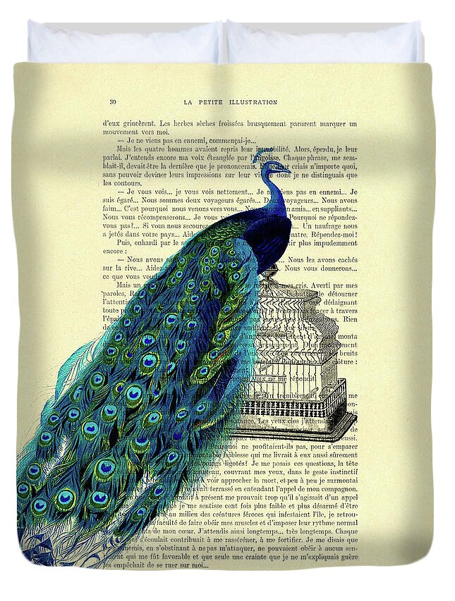 Peacock Duvet Cover featuring the digital art Antique bird cage peacock art by Madame Memento