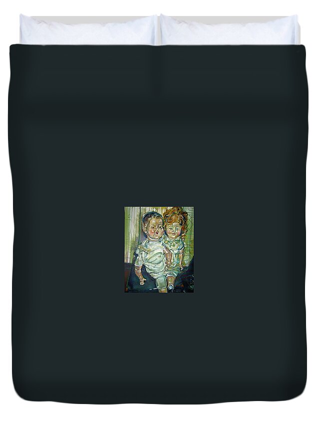  Duvet Cover featuring the painting Antique Dolls by Try Cheatham