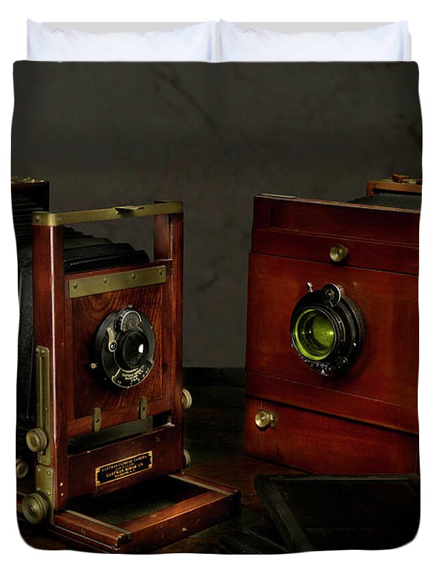 Camera Duvet Cover featuring the photograph Antique View Cameras Lightpainting by Steve Templeton