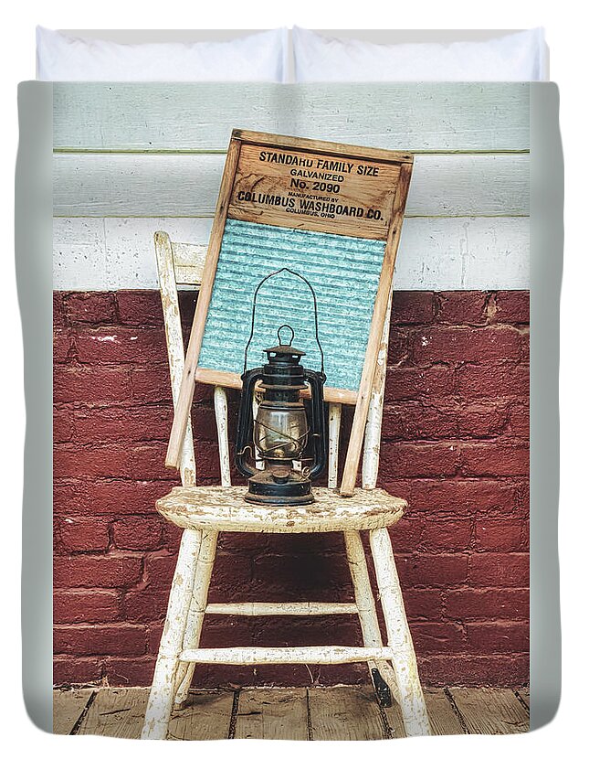 Old Duvet Cover featuring the photograph Antique Washboard And Lantern On Weathered Wooden Chair by Gary Slawsky