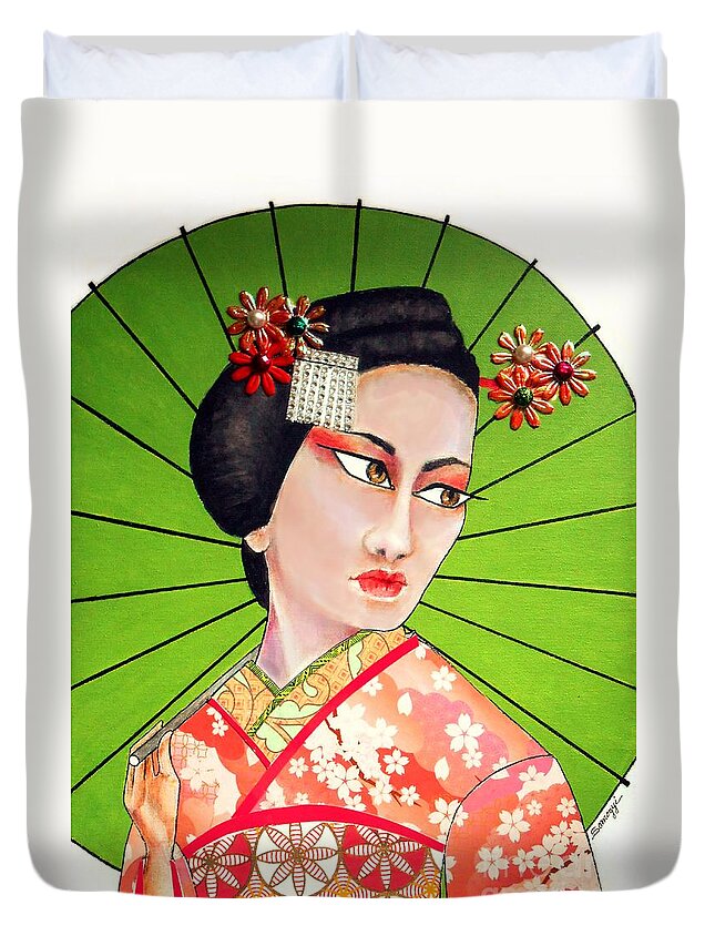 Maiko Duvet Cover featuring the mixed media Anzu by Jayne Somogy