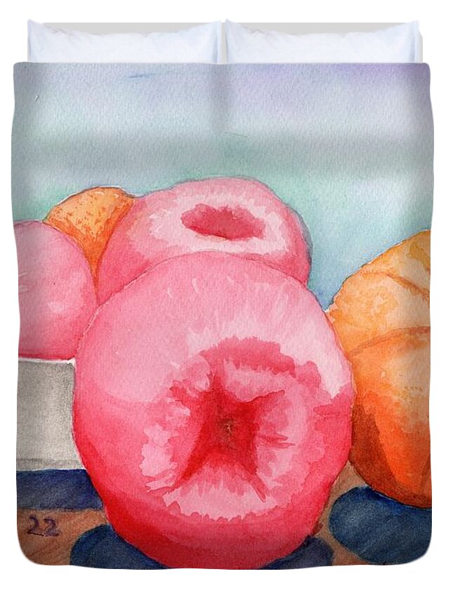 Still Life Duvet Cover featuring the painting Apples and Oranges by Katrina Gunn