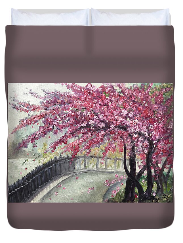 Paris Duvet Cover featuring the painting April in Paris Cherry Blossoms by Roxy Rich