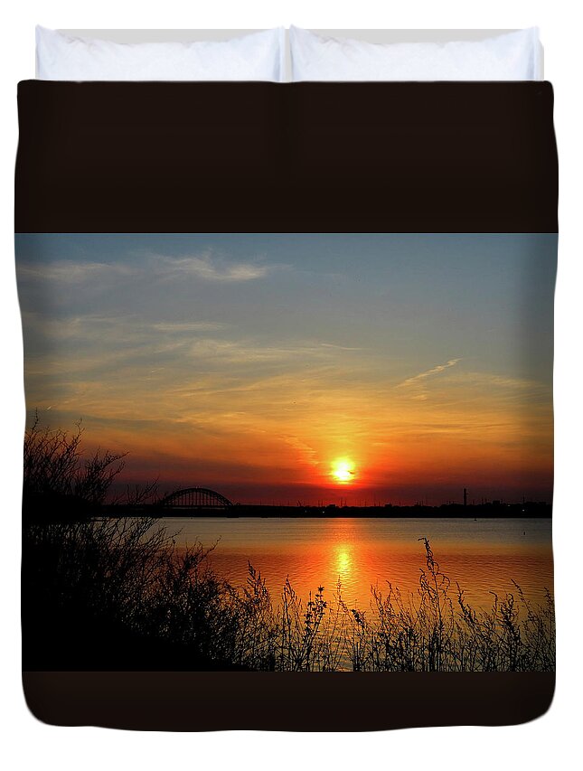 Delaware River Duvet Cover featuring the photograph April Sunset on the Delaware River by Linda Stern