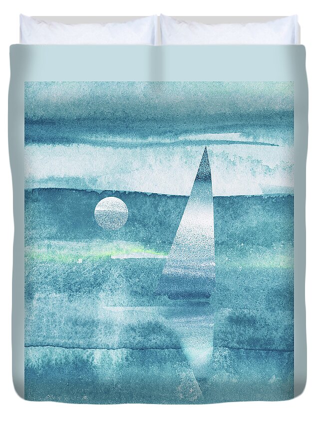 Beach Art Duvet Cover featuring the painting Aqua Blue Teal Sailboat At The Ocean Shore Seascape Painting Beach House Watercolor I by Irina Sztukowski