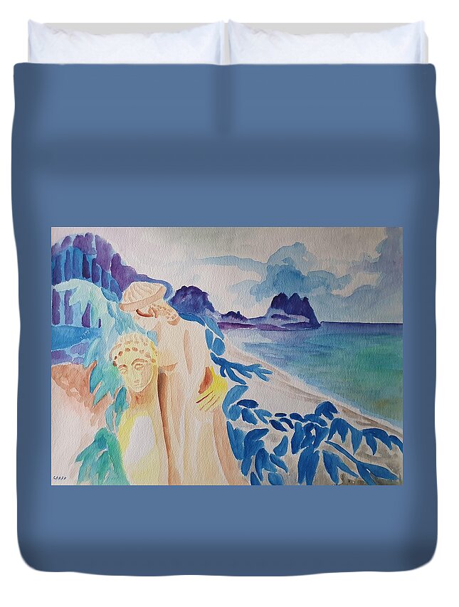 Classical Greek Sculpture Duvet Cover featuring the painting Archaic Couple and the Sea by Enrico Garff