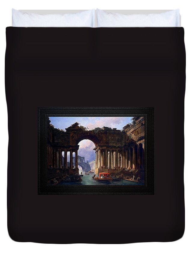 Architectural Landscape With A Canal Duvet Cover featuring the painting Architectural Landscape With A Canal by Hubert Robert by Rolando Burbon