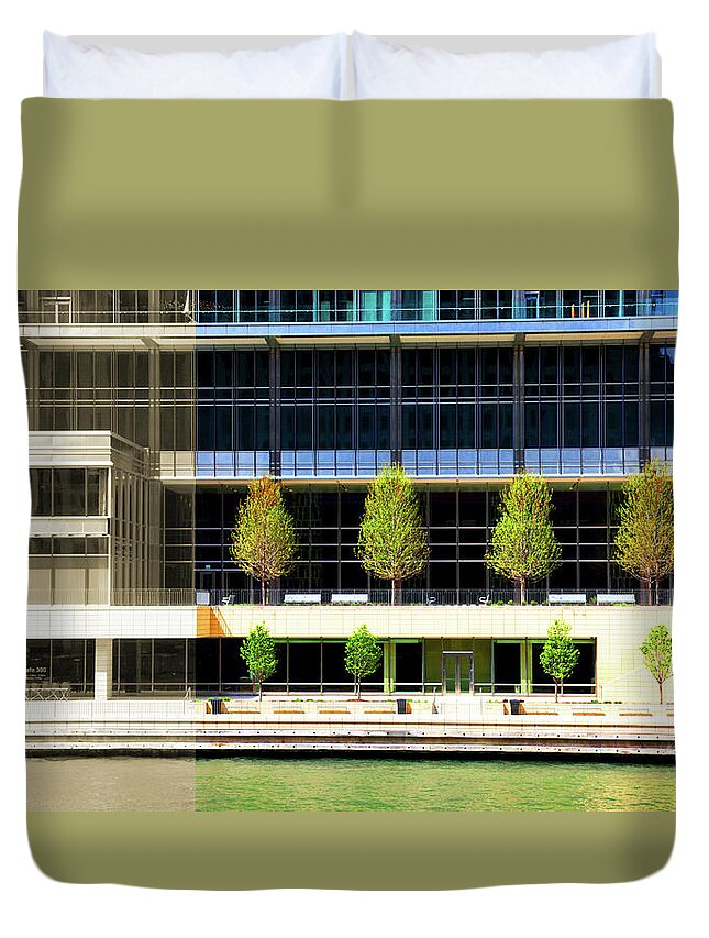 Architecture Duvet Cover featuring the photograph Architecture Trees Water Chicago River by Patrick Malon