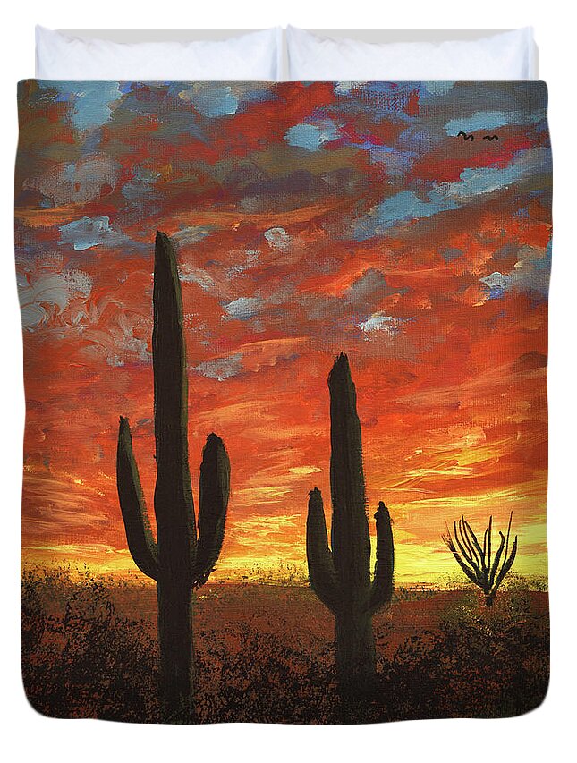 Arizona Duvet Cover featuring the painting Arizona Sunset and Saguaro Cacti by Chance Kafka