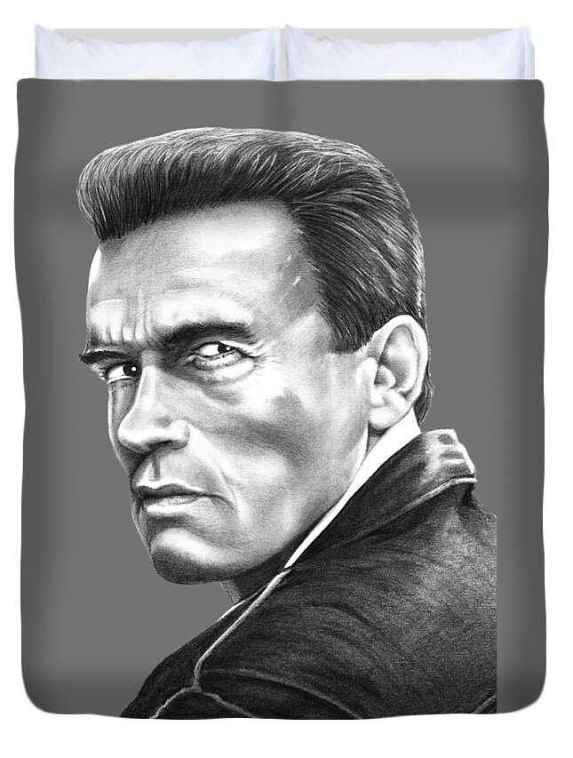 Pencil Duvet Cover featuring the drawing Arnold Schwarzenegger by Murphy Elliott