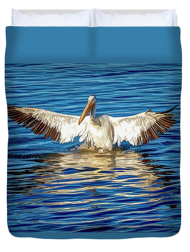 American White Pelican Duvet Cover featuring the photograph Arriving A Bit Weathered and Worn by Debra Martz