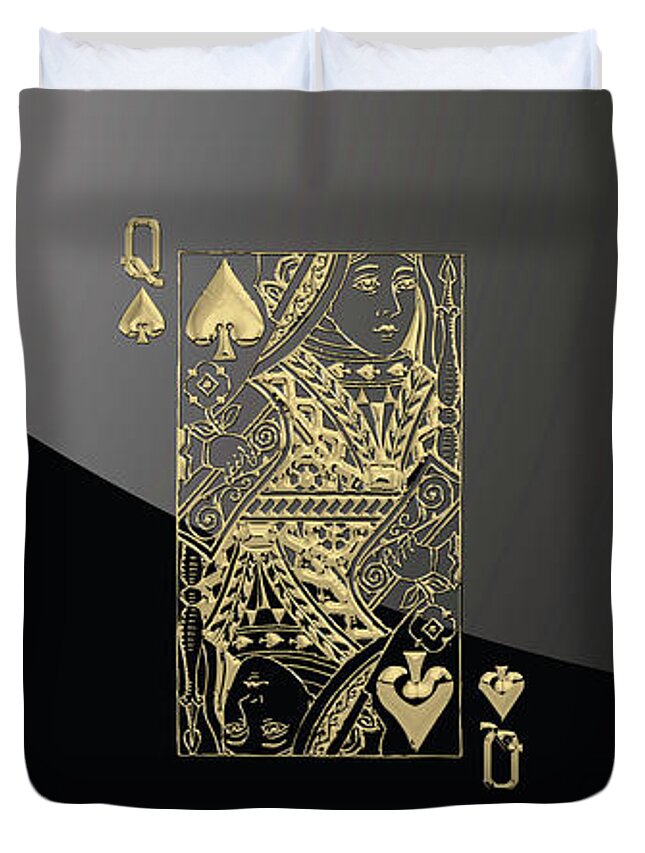 'gamble' Collection By Serge Averbukh Duvet Cover featuring the digital art Queen of Spades in Gold on Black  by Serge Averbukh
