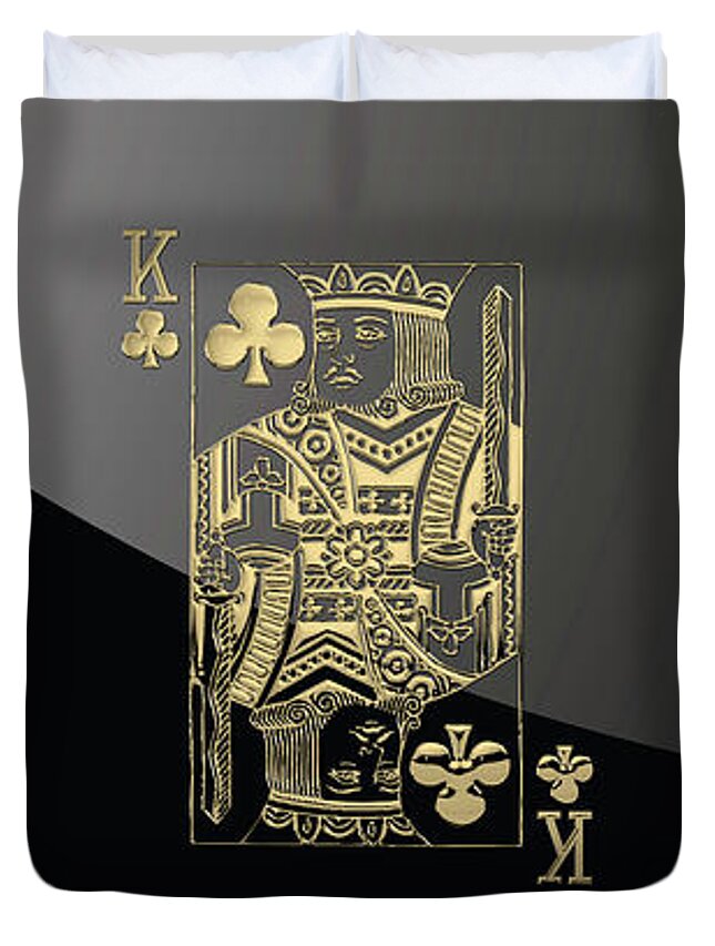 'gamble' Collection By Serge Averbukh Duvet Cover featuring the digital art King of Clubs in Gold on Black  by Serge Averbukh