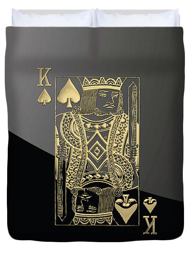 'gamble' Collection By Serge Averbukh Duvet Cover featuring the digital art King of Spades in Gold on Black  by Serge Averbukh