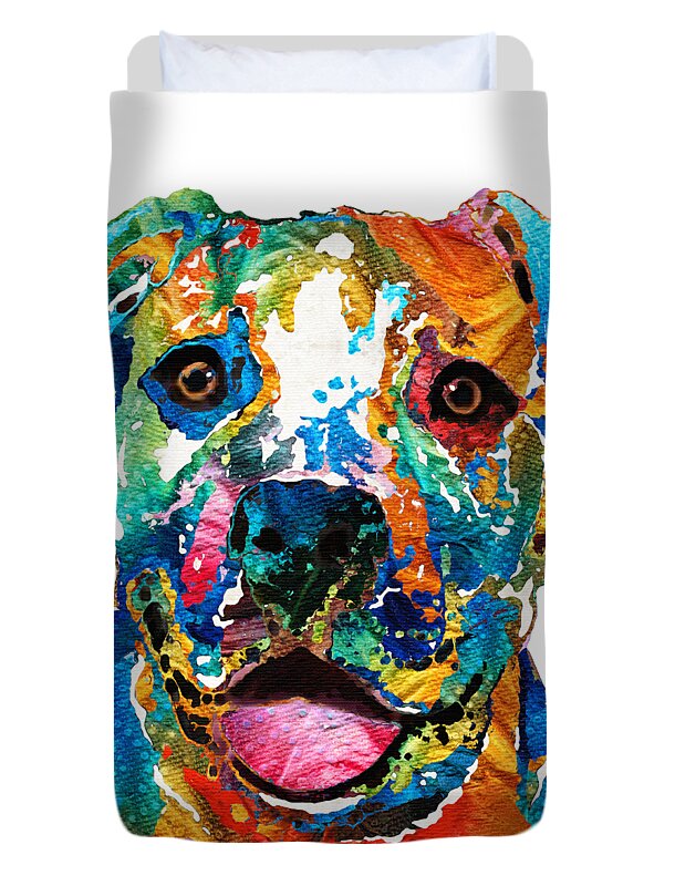 Dog Duvet Cover featuring the painting Colorful Dog Pit Bull Art - Happy - By Sharon Cummings by Sharon Cummings