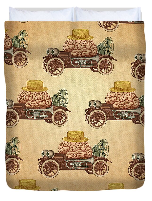 Car Brain Fan Hat Eye Tuba Surrealism Rare Bizarre Collage Vintage Pepetto Nonsense Humor Crazy Funny Curious Extravagant Sophisticated Conceptual Duvet Cover featuring the digital art Intelligent Car by Pepetto Gallery