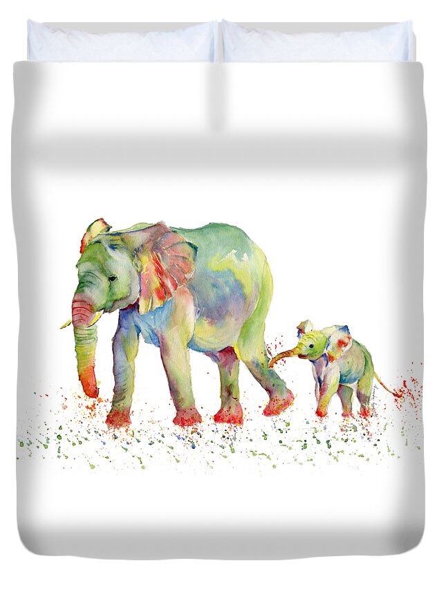 Elephant Duvet Cover featuring the painting Elephant Family Watercolor by Melly Terpening