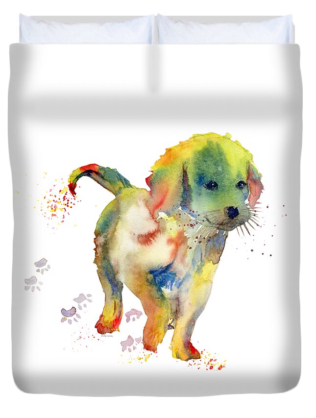 Little Friend Duvet Cover featuring the painting Colorful Puppy Watercolor - Little Friend by Melly Terpening