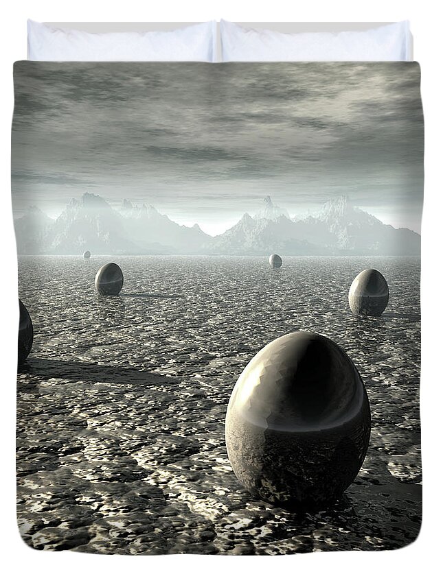 Landscape Duvet Cover featuring the digital art Eggs of An Alien World by Phil Perkins