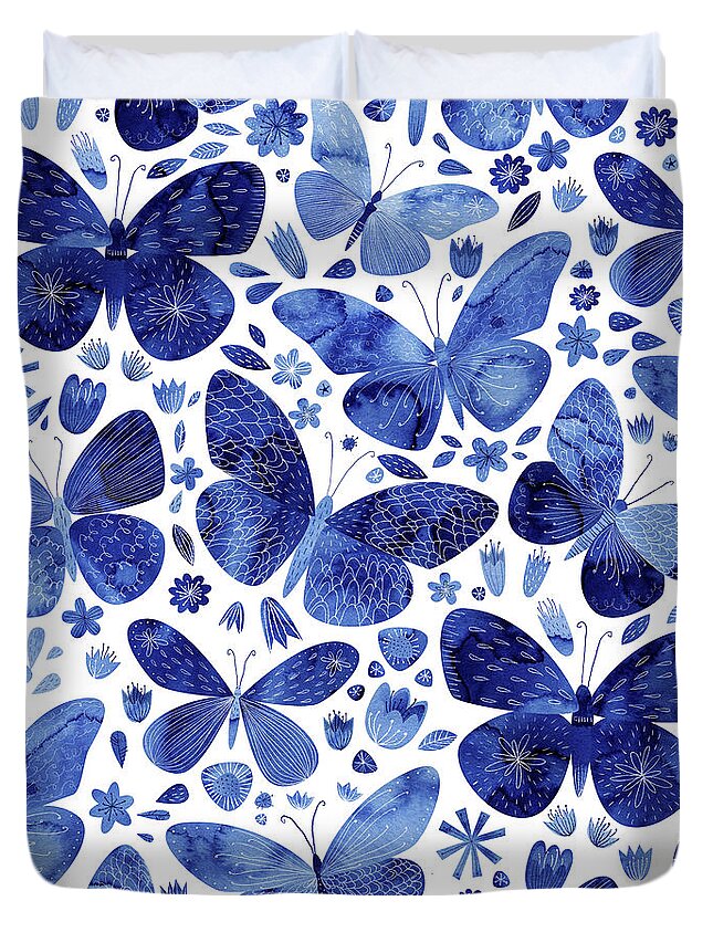Watercolor Duvet Cover featuring the painting Blue Butterflies by Nic Squirrell