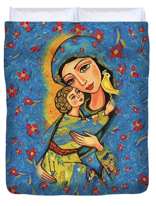 Mother And Child Duvet Cover featuring the painting Mother Temple by Eva Campbell
