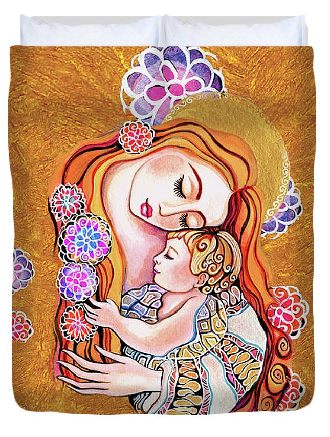 Mother And Child Duvet Cover featuring the painting Little Angel Sleeping v1 by Eva Campbell