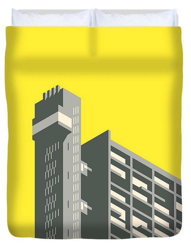 Trellick Duvet Cover featuring the digital art Trellick Tower London Brutalist Architecture - Yellow by Organic Synthesis