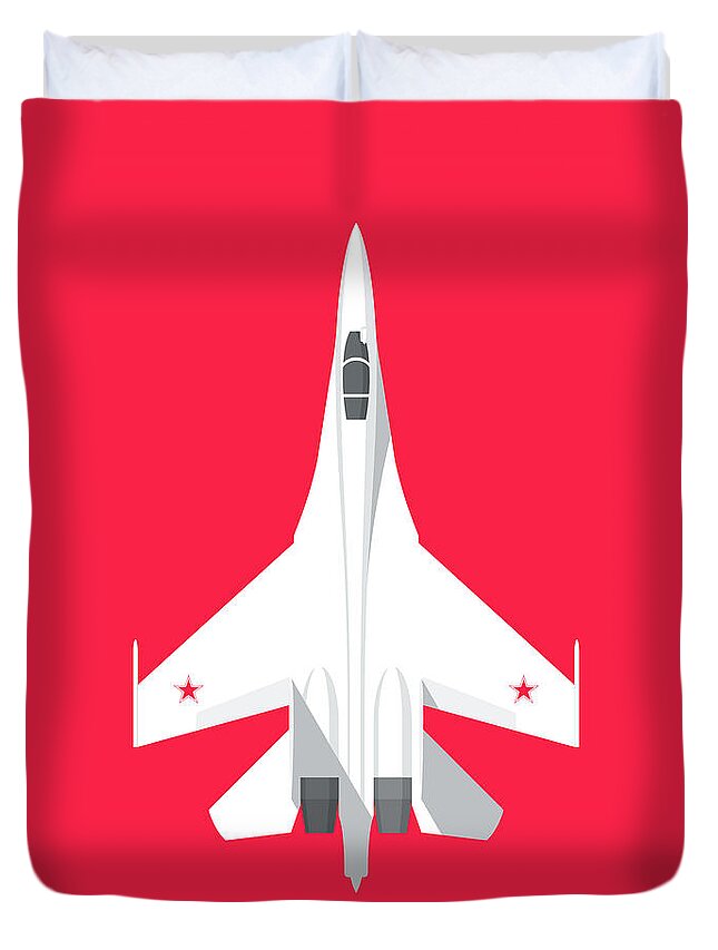 Jet Duvet Cover featuring the digital art Su-27 Flanker Fighter Jet Aircraft - Crimson by Organic Synthesis