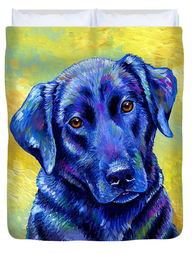 Labrador Retriever Duvet Cover featuring the painting Loyal Companion - Colorful Black Labrador Retriever Dog by Rebecca Wang