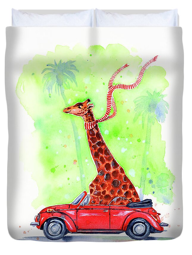 Funny Giraffe Duvet Cover featuring the painting Giraffe in a Beetle by Zaira Dzhaubaeva