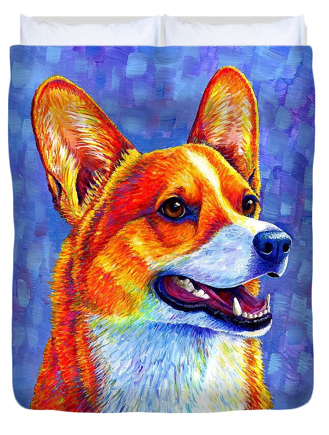 Corgi Duvet Cover featuring the painting Mischief Maker - Colorful Pembroke Welsh Corgi Dog by Rebecca Wang