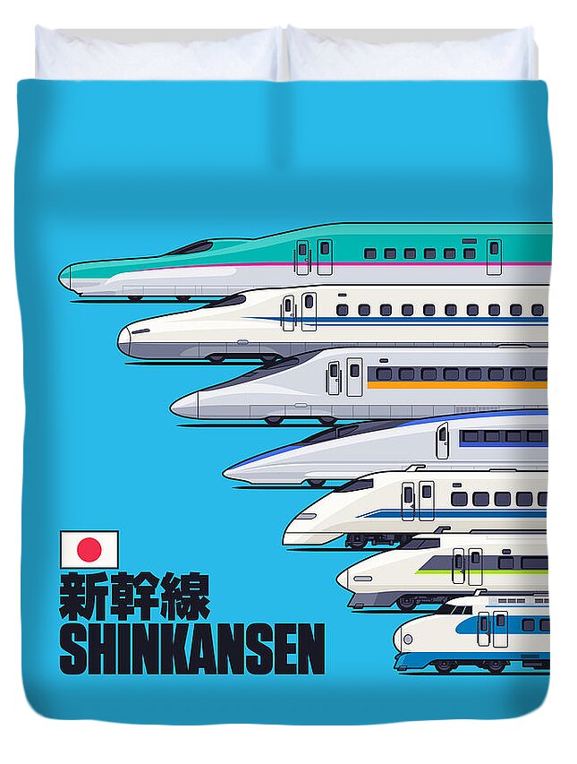 Train Duvet Cover featuring the digital art Shinkansen Bullet Train Evolution - Cyan by Organic Synthesis