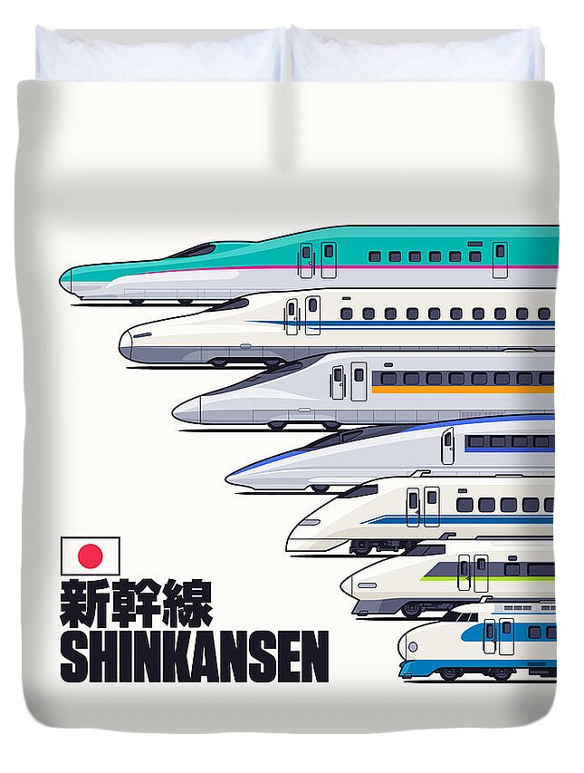 Train Duvet Cover featuring the digital art Shinkansen Bullet Train Evolution - White by Organic Synthesis