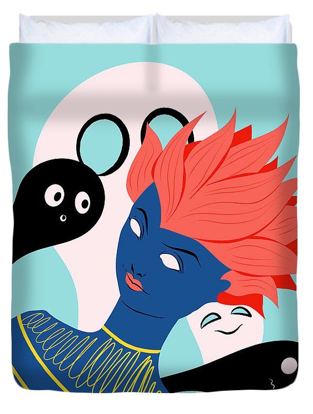 Ghost Duvet Cover featuring the digital art Psychedelic Girl With Spooky Ghost Friends by Boriana Giormova