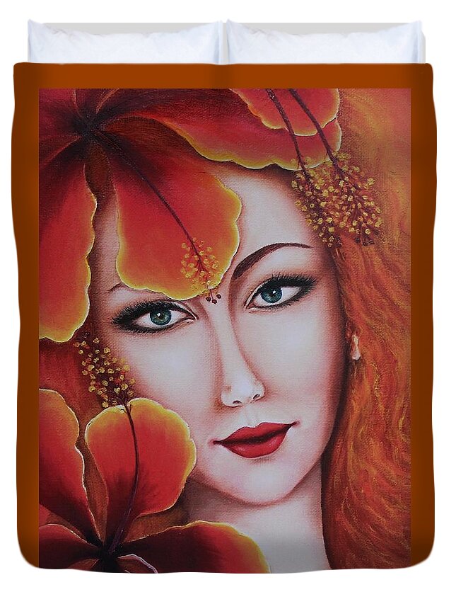 Wall Art Portrait Woman Face Beautiful Face Young Girl Oil Painting Original Art Picture Wall Art Painting Art For The Living Room Office Decor Gift Idea Orange Flowers Big Flowers Home Décor Duvet Cover featuring the painting Lyudmila by Tanya Harr