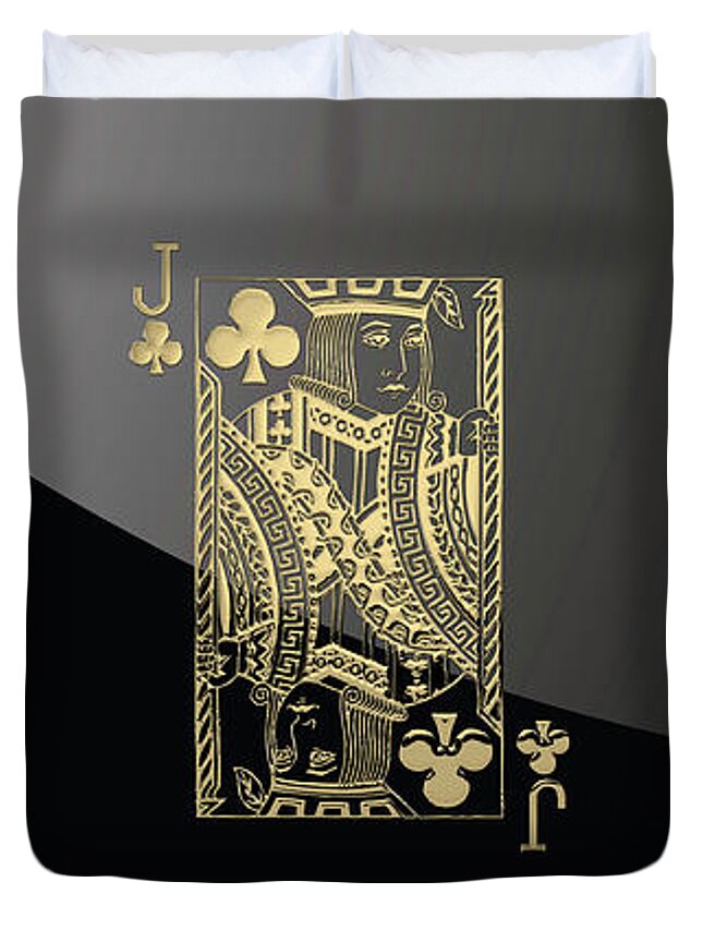 'gamble' Collection By Serge Averbukh Duvet Cover featuring the digital art Jack of Clubs in Gold over Black by Serge Averbukh