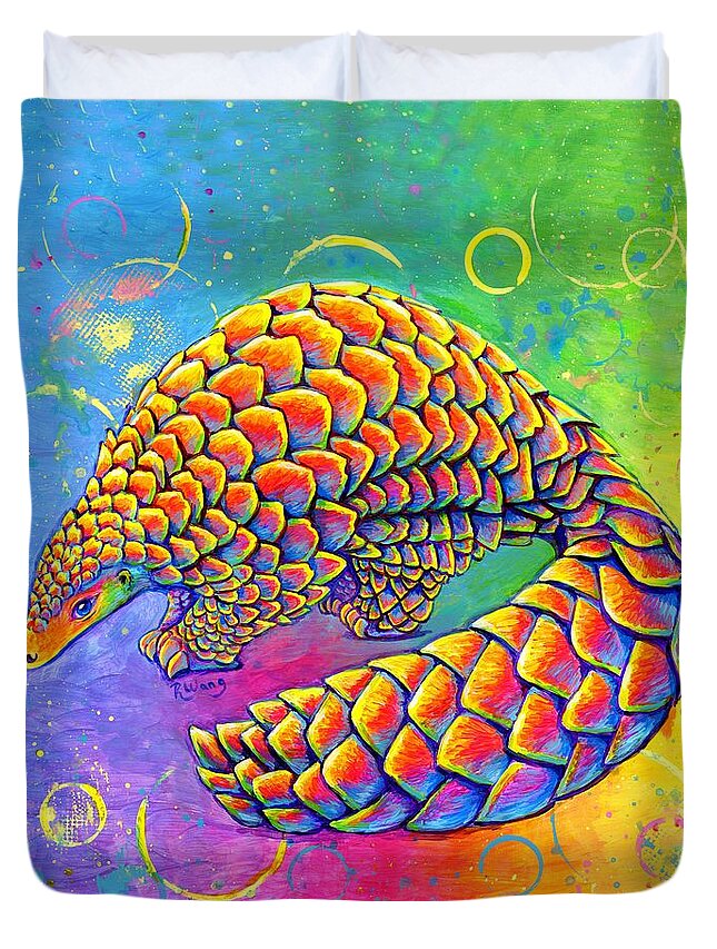 Pangolin Duvet Cover featuring the painting Psychedelic Pangolin by Rebecca Wang