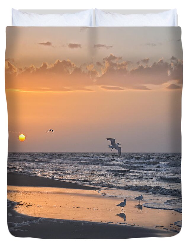 Gull Duvet Cover featuring the photograph Gulls at Sunrise by Catherine Sherman