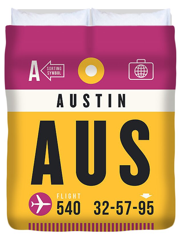 Airline Duvet Cover featuring the digital art Luggage Tag A - AUS Austin USA by Organic Synthesis