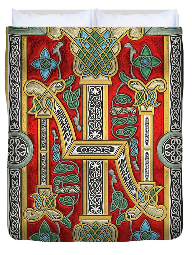 ‘celtic Treasures’ Collection By Serge Averbukh Duvet Cover featuring the digital art Ancient Celtic Runes of Hospitality and Potential - Illuminated Plate over White Leather by Serge Averbukh