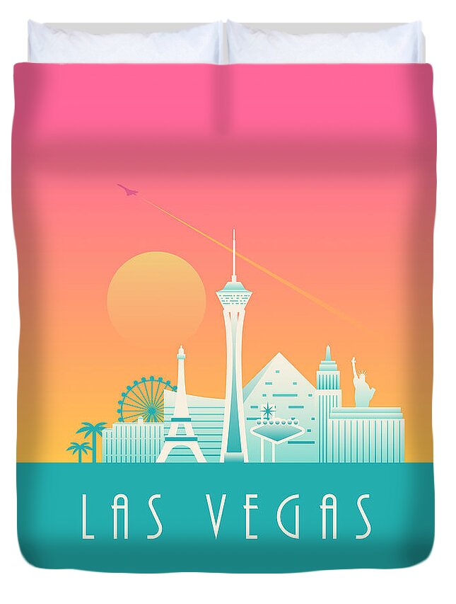 Las Vegas Duvet Cover featuring the digital art Las Vegas City Skyline Retro Art Deco - Morning by Organic Synthesis