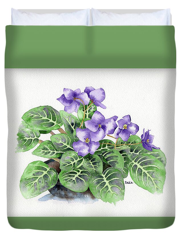 Africanviolet Purple Flower Green Watercolor Duvet Cover featuring the painting Oh Yeah by Catherine Bede